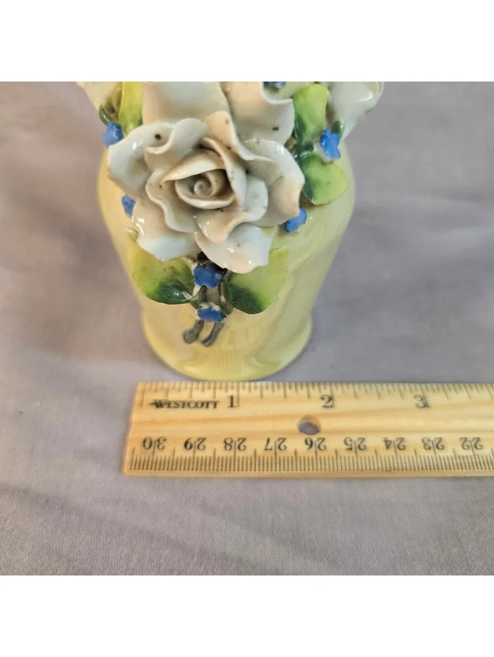 Antique German Elfinware Porcelain Bud Vase Applied 3 Dimensial Roses 8.5